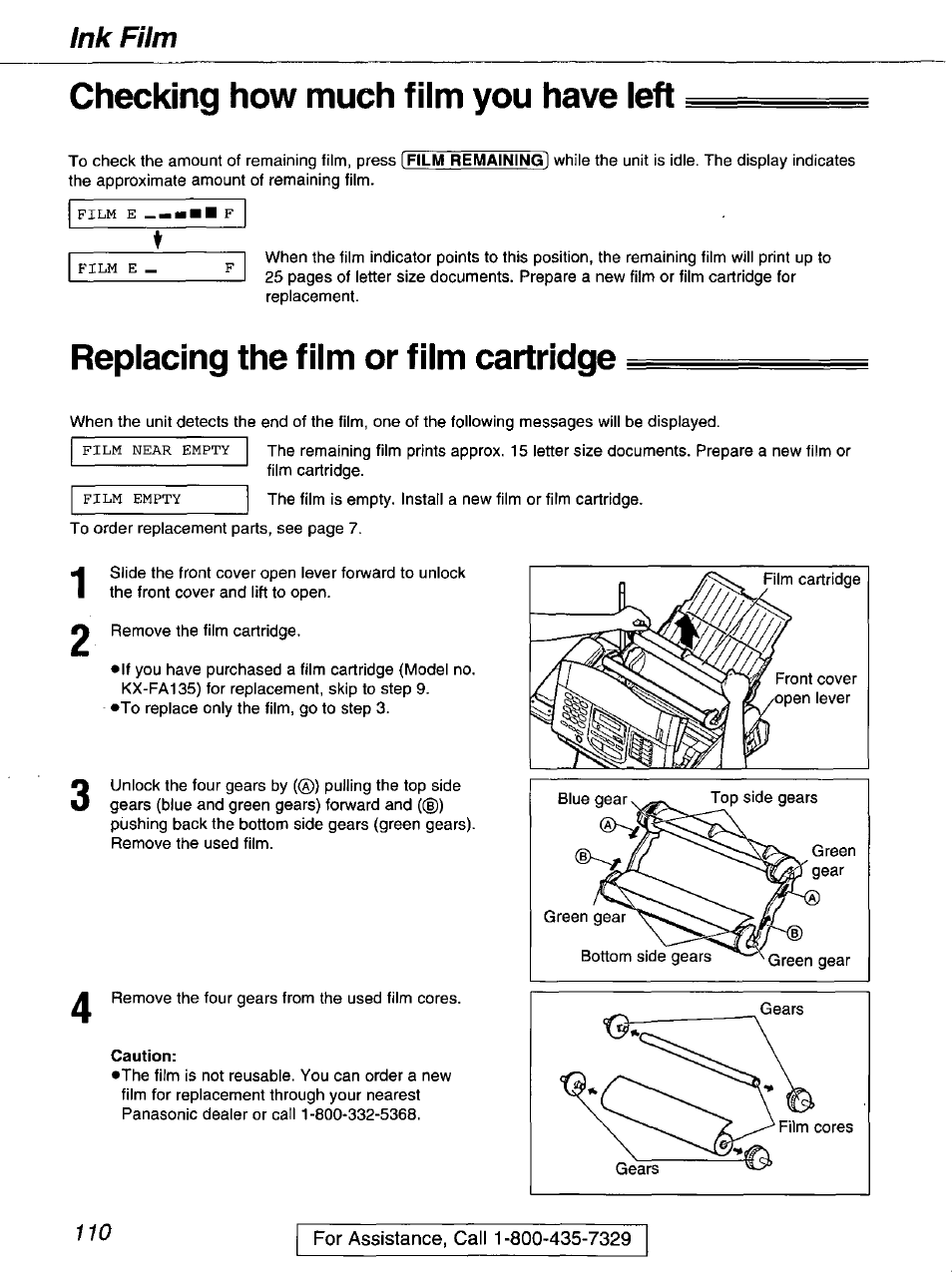 Checking how much film you have left, Replacing the film or film cartridge, Caution | Ink film | Panasonic kx-fmc230 User Manual | Page 110 / 128
