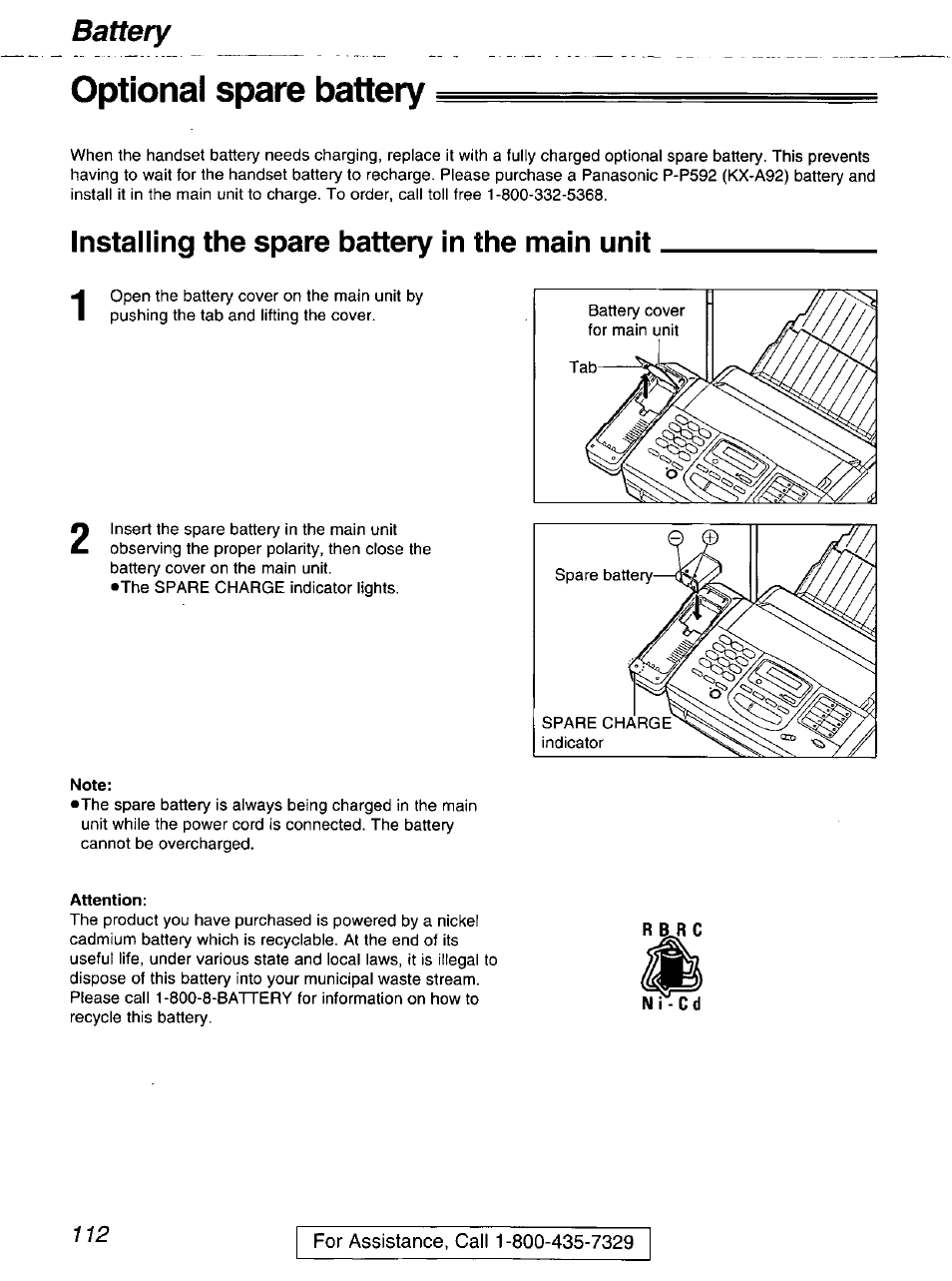 Optional spare battery, Installing the spare battery in the main unit, Note | Attention, Battery | Panasonic kx-fmc230 User Manual | Page 112 / 128