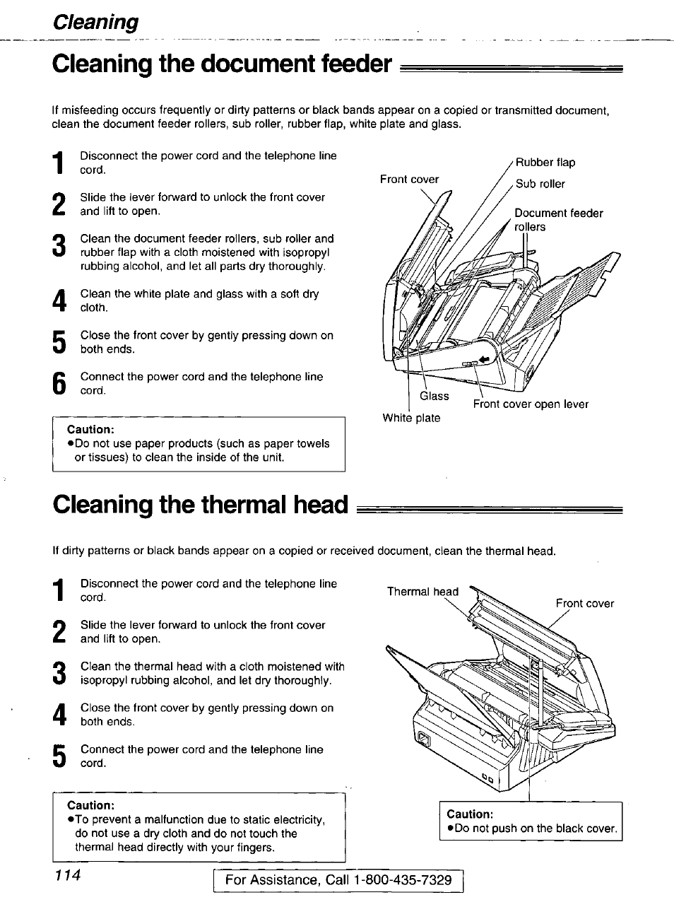 Cleaning the document feeder, Cleaning the thermal head, Caution | Panasonic kx-fmc230 User Manual | Page 114 / 128