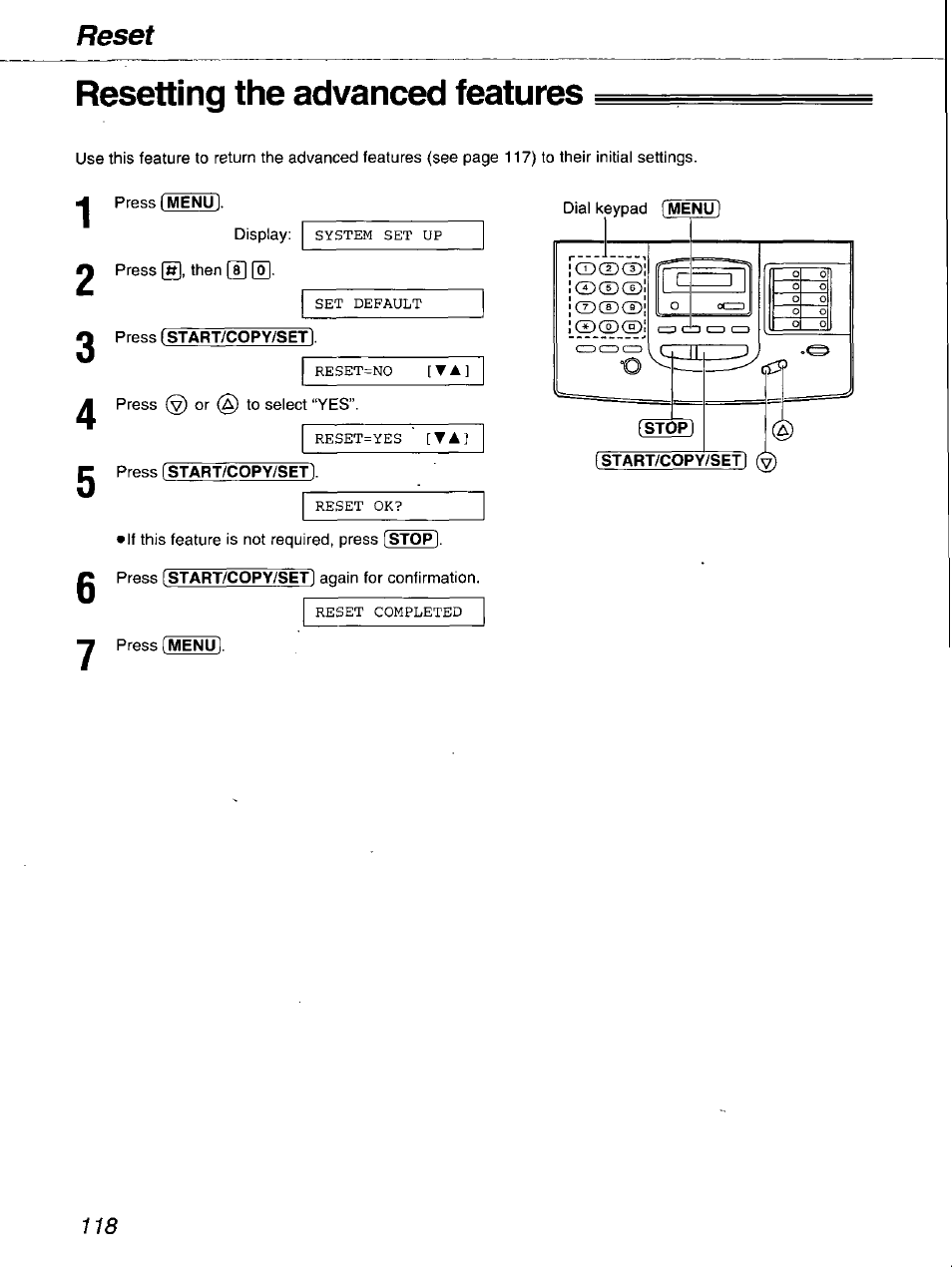 Resetting the advanced features, Reset | Panasonic kx-fmc230 User Manual | Page 118 / 128