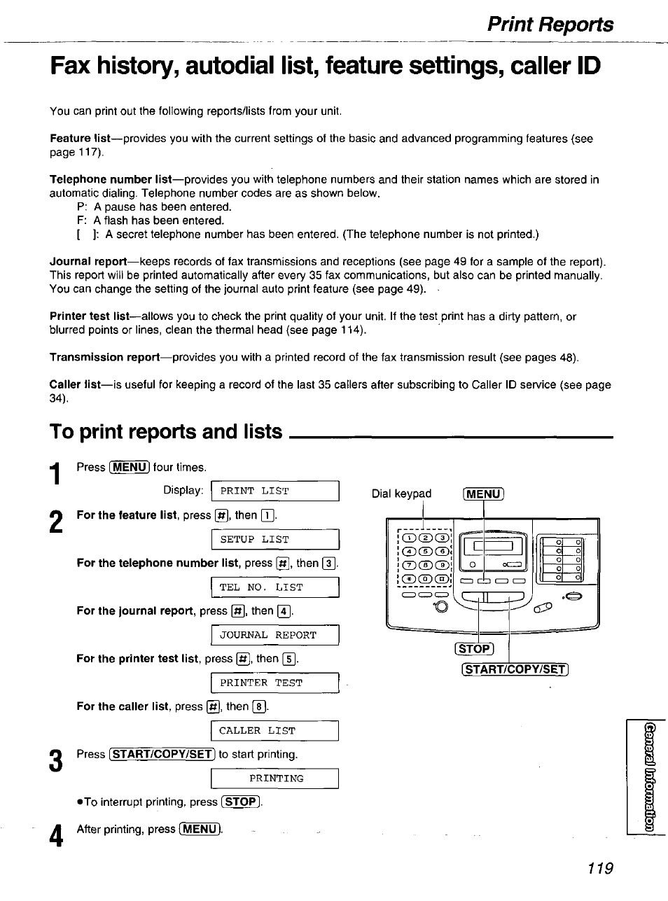 To print reports and lists, Print reports | Panasonic kx-fmc230 User Manual | Page 119 / 128