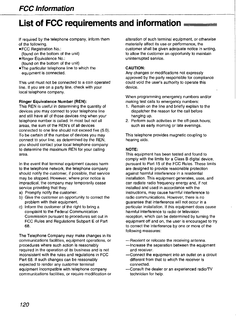 List of fcc requirements and information, Ringer equivalence number (ren), Caution | Note, Fcc information | Panasonic kx-fmc230 User Manual | Page 120 / 128