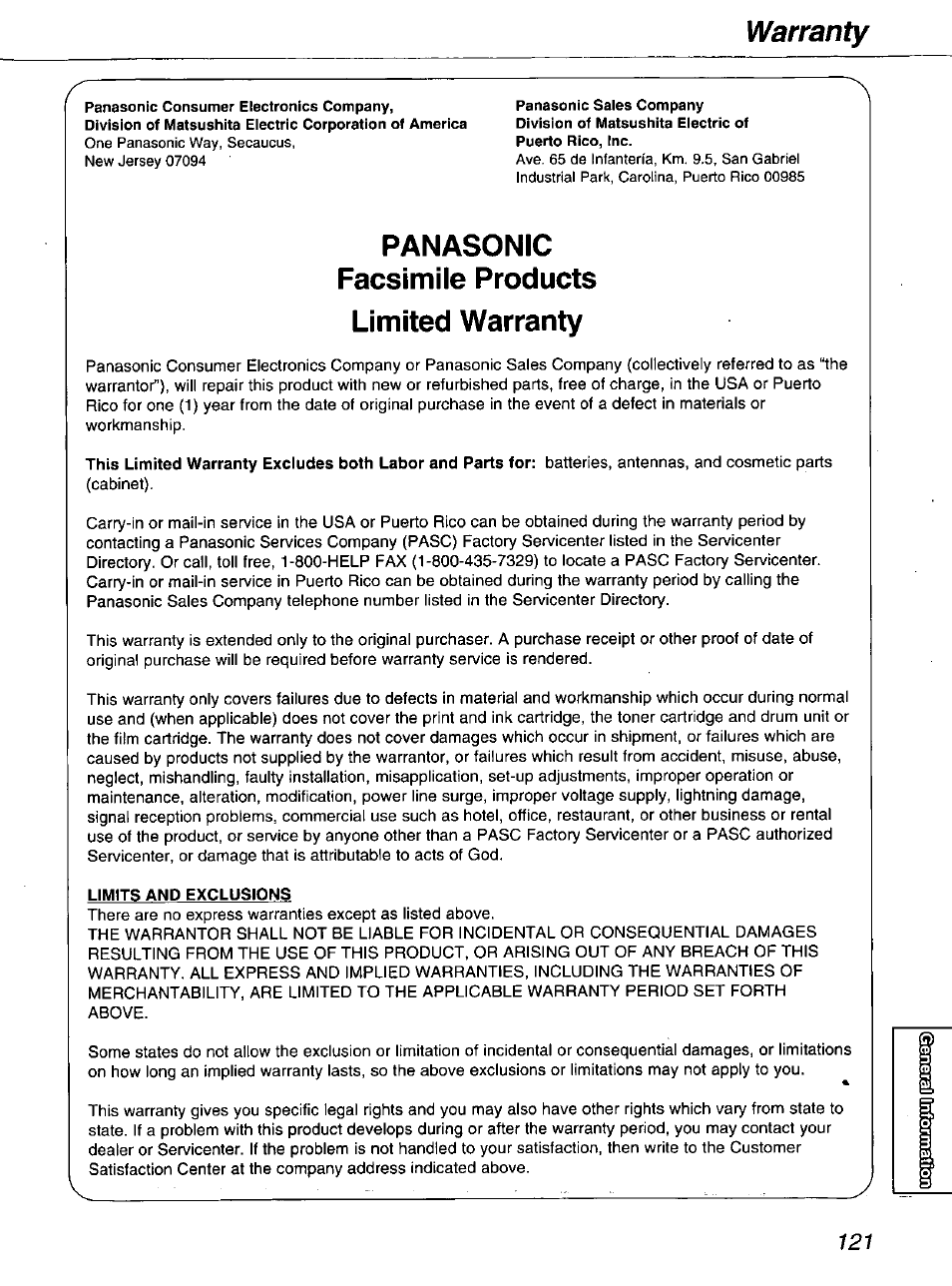 Panasonic facsimile products, Limited warranty, Limits and exclusions | Panasonic facsimile products limited warranty, Warranty | Panasonic kx-fmc230 User Manual | Page 121 / 128