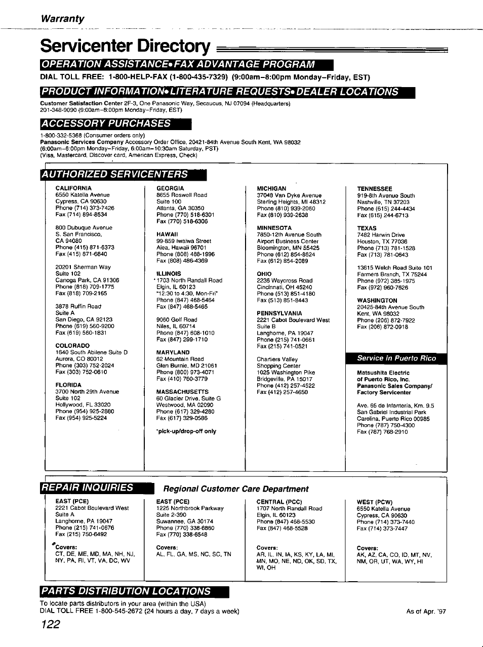 Servicenter directory, Narranty, Operation assistance*fax advantage program | Accessory purchases, Authorized servicenters, Repair inquiries, Parts distribution locations, Regional customer care department | Panasonic kx-fmc230 User Manual | Page 122 / 128