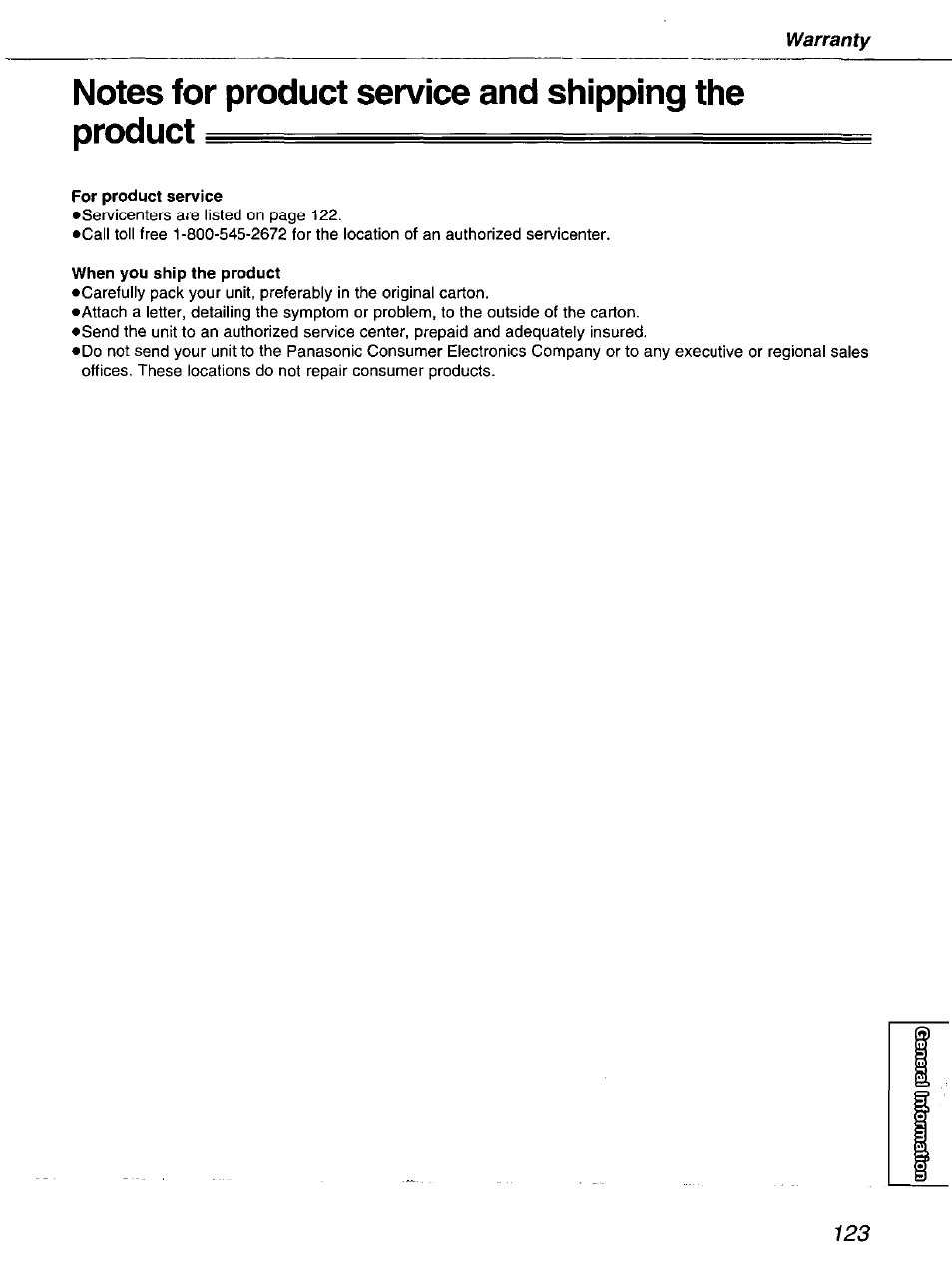 Notes for product service and shipping the product, For product service, When you ship the product | Panasonic kx-fmc230 User Manual | Page 123 / 128