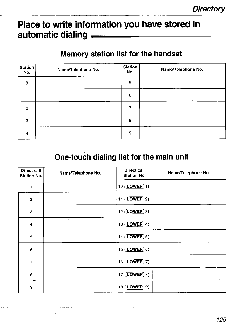 Memory station list for the handset, One-touch dialing list for the main unit, Directory | Panasonic kx-fmc230 User Manual | Page 125 / 128