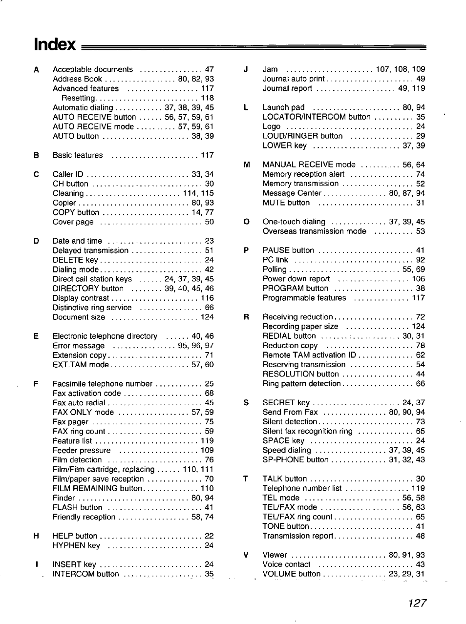 Index | Panasonic kx-fmc230 User Manual | Page 127 / 128