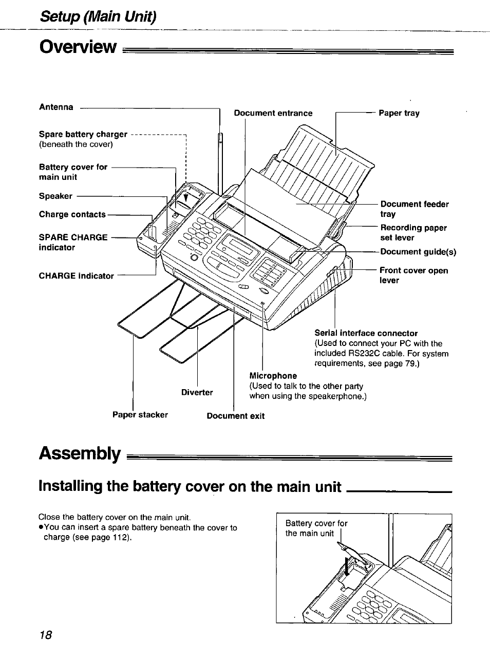 Overview, Assembly, Installing the battery cover on the main unit | Setup (main unit) | Panasonic kx-fmc230 User Manual | Page 18 / 128