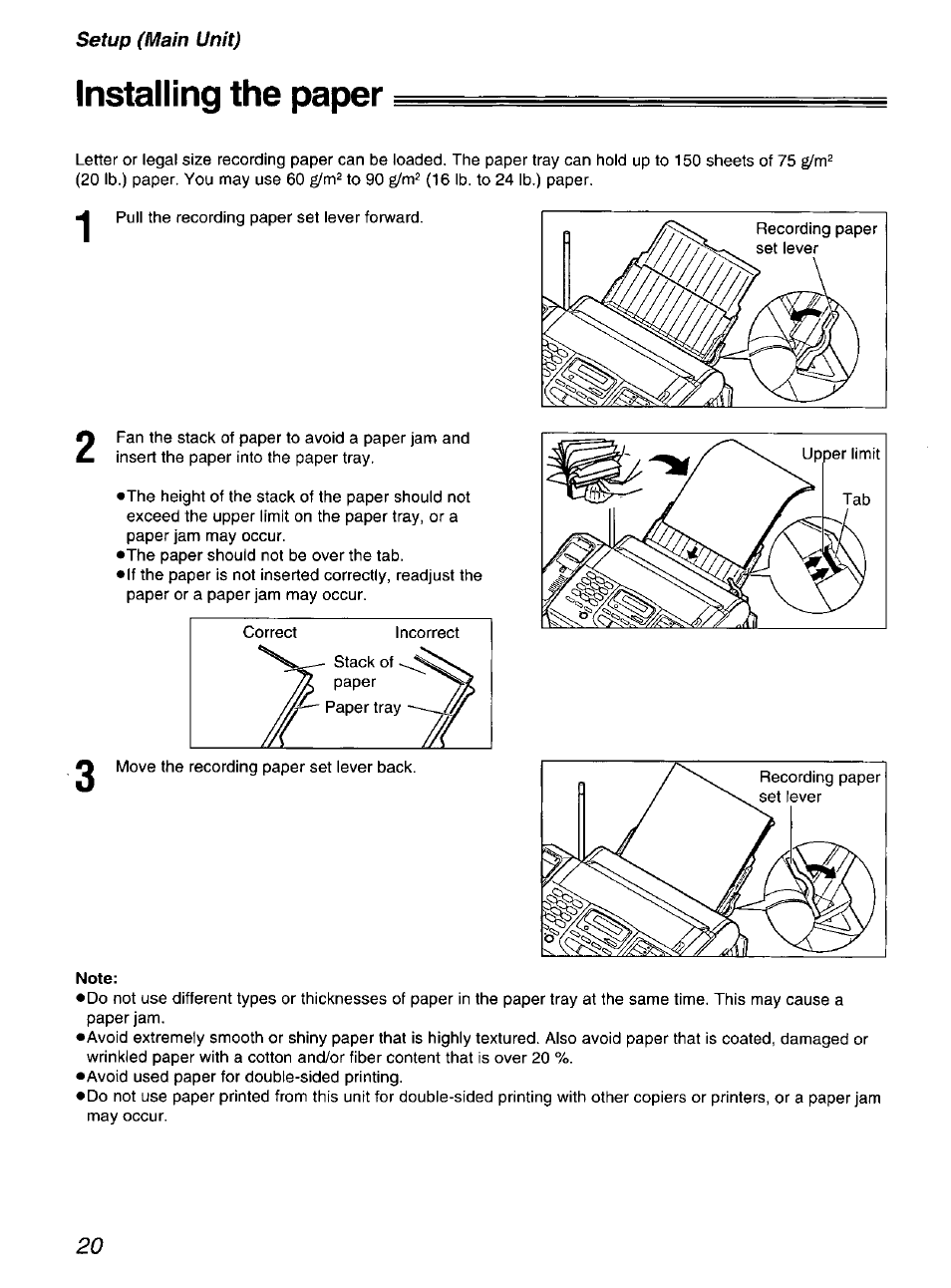 Installing the paper, Note | Panasonic kx-fmc230 User Manual | Page 20 / 128