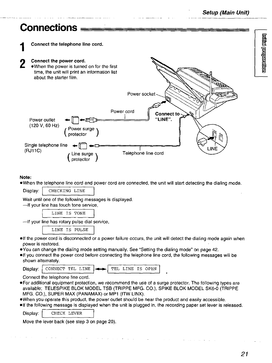 Connections, Connect the telephone line cord, Connect the power cord | Note | Panasonic kx-fmc230 User Manual | Page 21 / 128