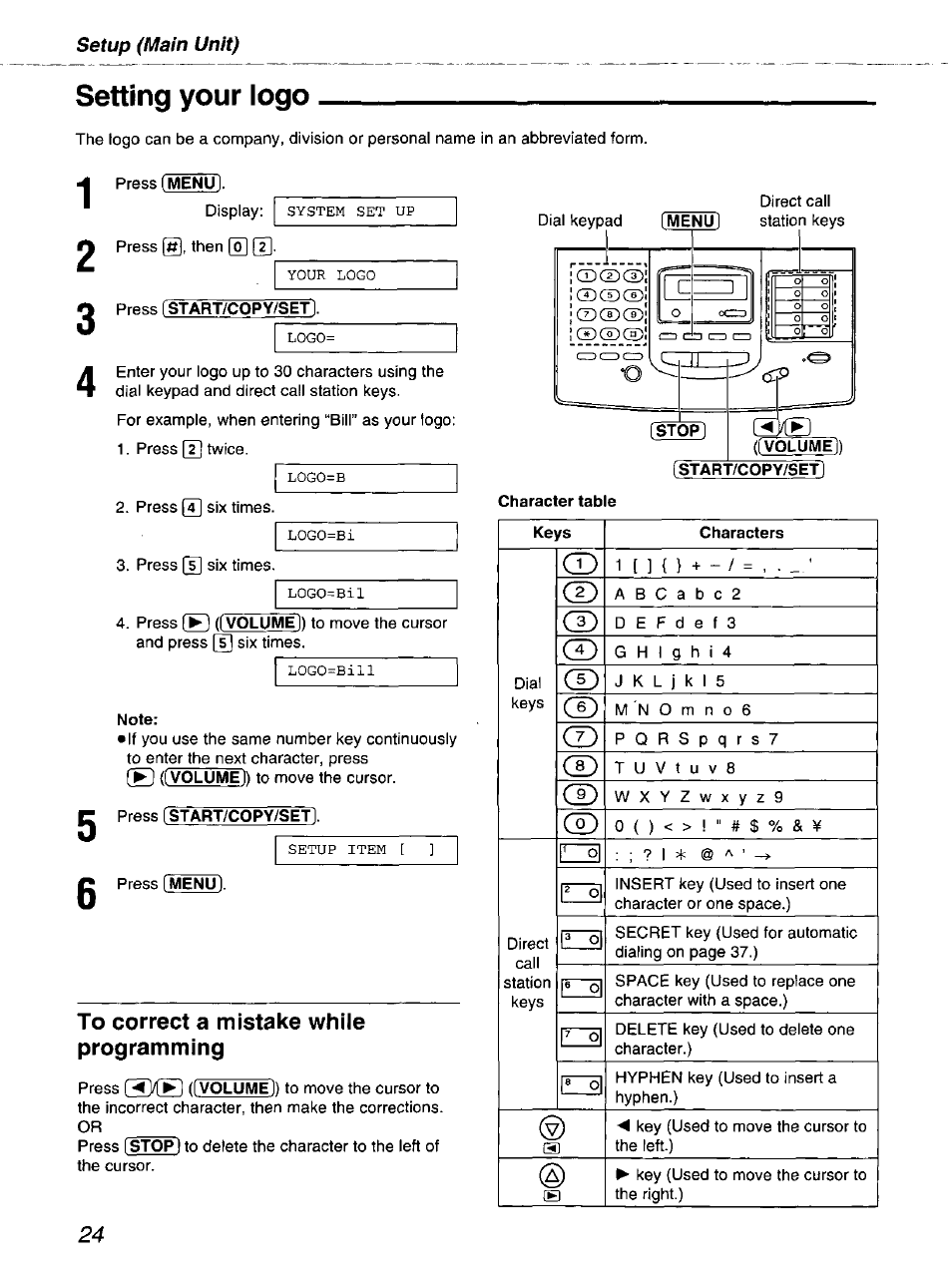 Setting your logo, To correct a mistake while programming, Cd cd cd cd cd cd cd cd cd cd | Panasonic kx-fmc230 User Manual | Page 24 / 128