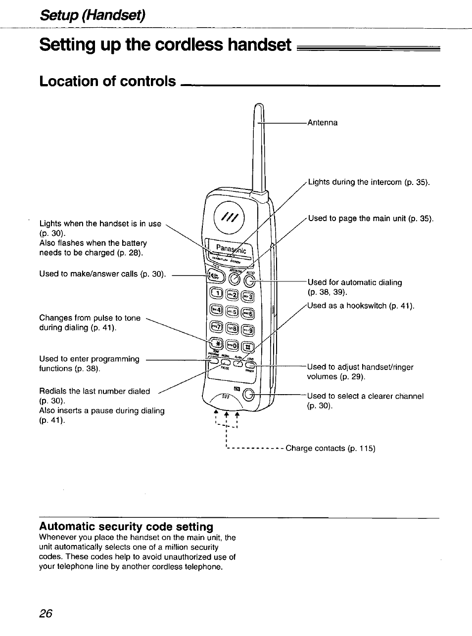 Setting up the cordless handset, Location of controls, Automatic security code setting | Setup (handset) | Panasonic kx-fmc230 User Manual | Page 26 / 128