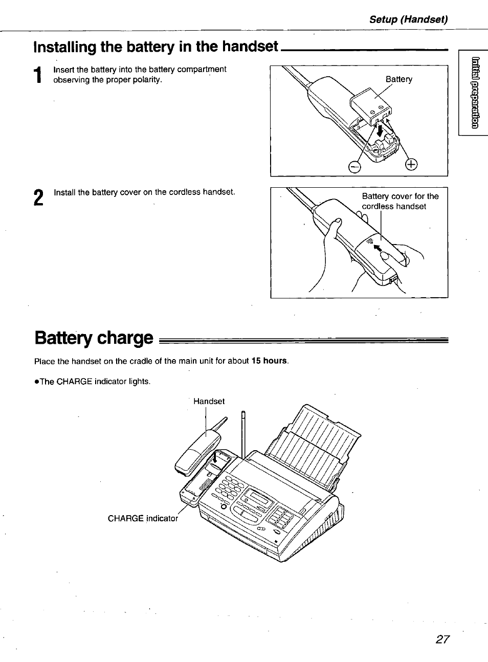 Installing the battery in the handset, Battery charge | Panasonic kx-fmc230 User Manual | Page 27 / 128