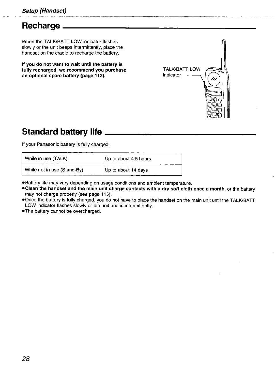 Recharge, Standard battery life | Panasonic kx-fmc230 User Manual | Page 28 / 128