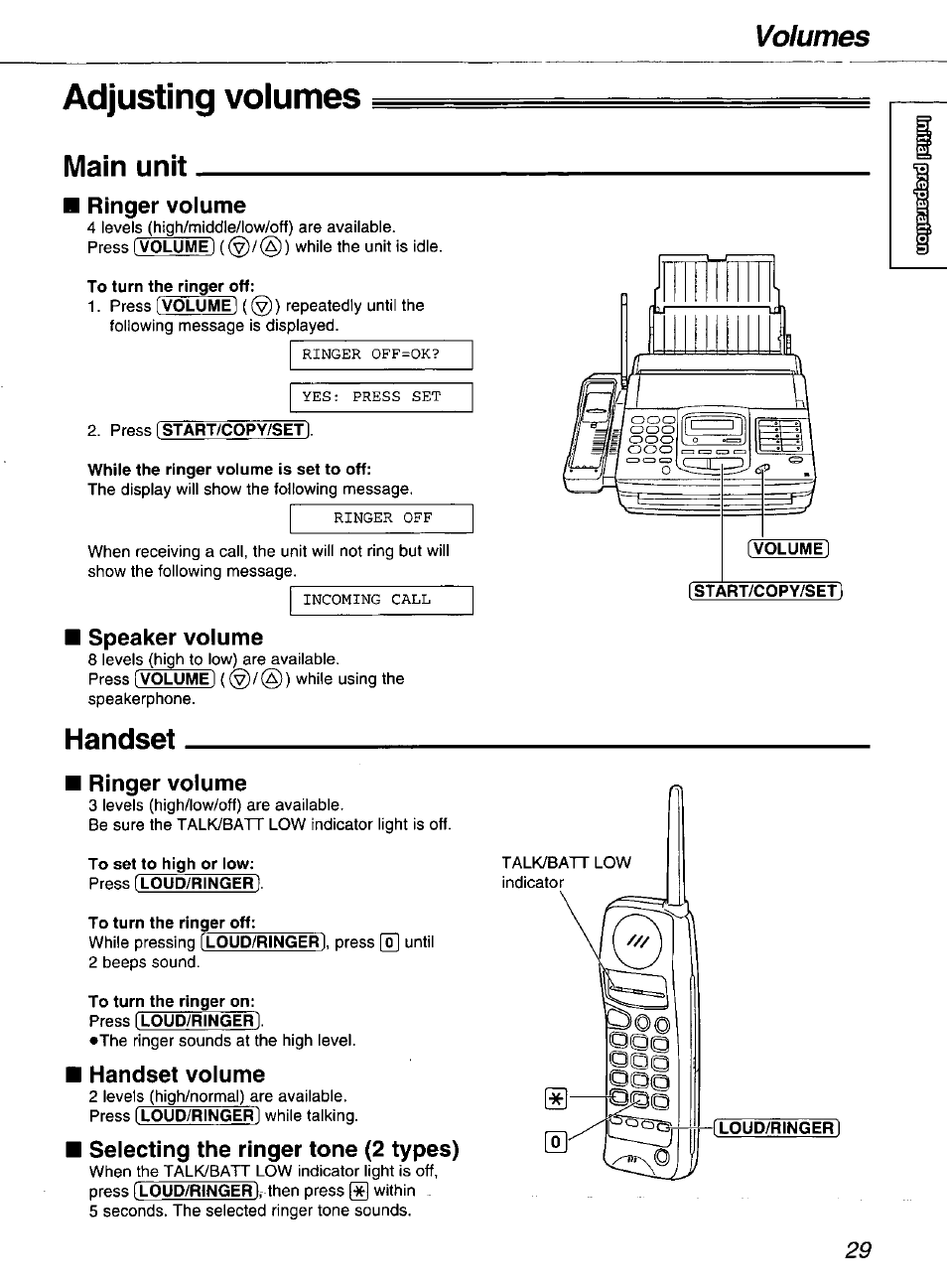 Adjusting volumes, Main unit, Ringer volume | Speaker volume, Handset, Handset volume, Selecting the ringer tone (2 types), Volumes | Panasonic kx-fmc230 User Manual | Page 29 / 128