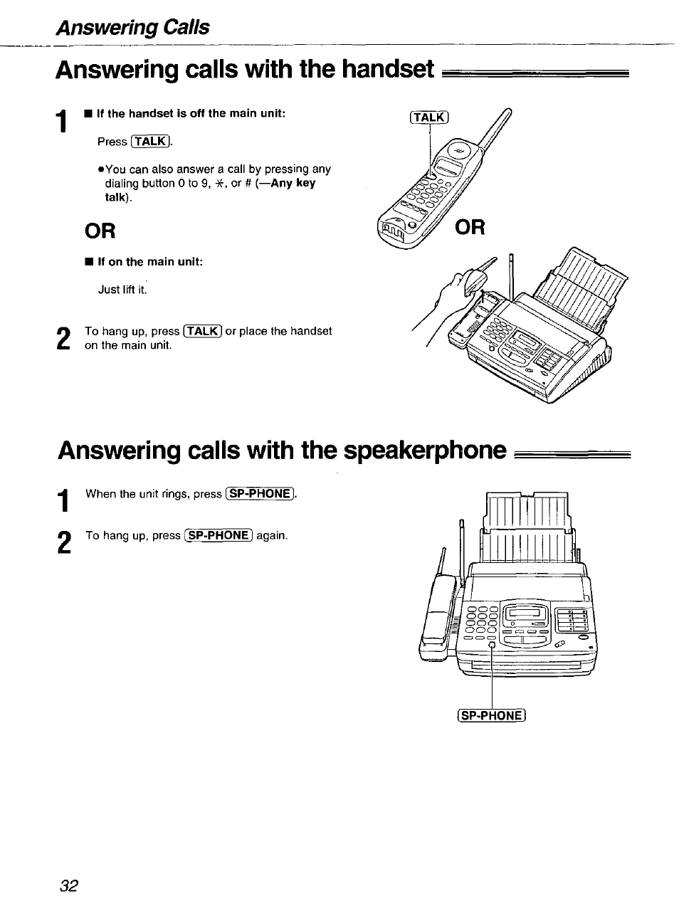 Answering calls with the handset, Answering calls with the speakerphone, Answering calis | Panasonic kx-fmc230 User Manual | Page 32 / 128