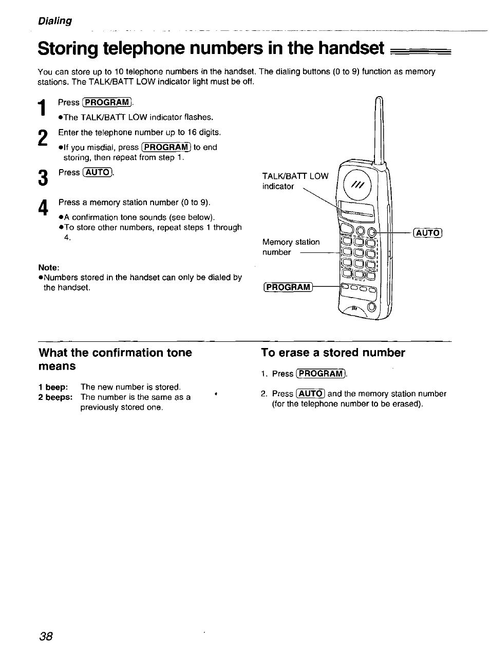 Storing telephone numbers in the handset, What the confirmation tone means, To erase a stored number | Panasonic kx-fmc230 User Manual | Page 38 / 128