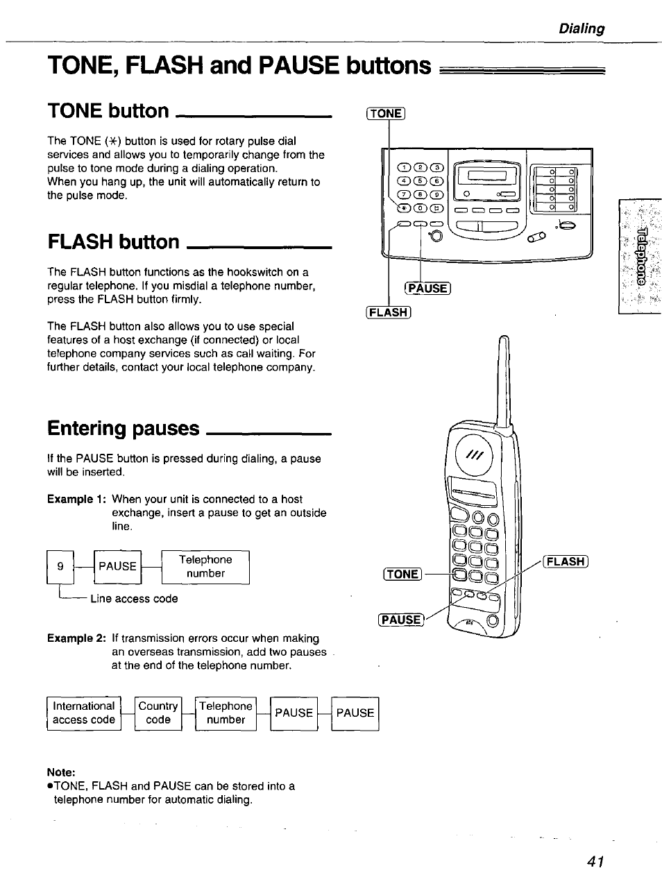 Tone, flash and pause buttons, Tone button, Flash button | Entering pauses, Tone, Flash, Note | Panasonic kx-fmc230 User Manual | Page 41 / 128