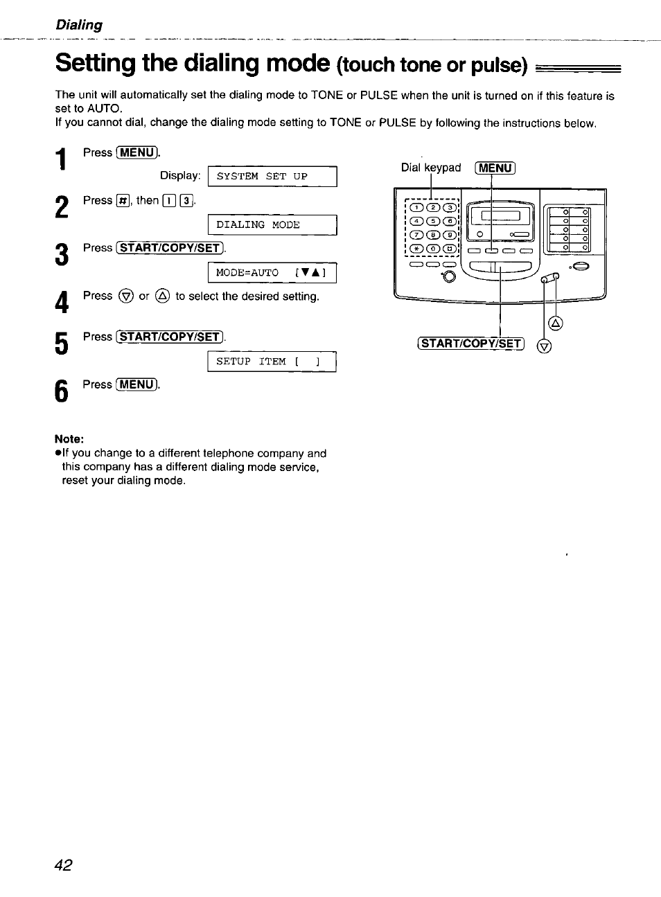 Setting the dialing mode (touch tone or pulse), Setting the dialing mode, Touch tone or pulse) | Panasonic kx-fmc230 User Manual | Page 42 / 128