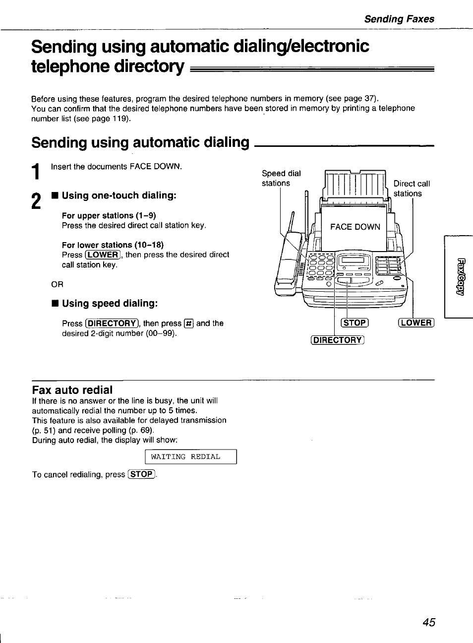 Sending using automatic dialing, Using one-touch dialing, For upper stations (1-9) | For lower stations (10-18), Using speed diaiing, Fax auto redial | Panasonic kx-fmc230 User Manual | Page 45 / 128