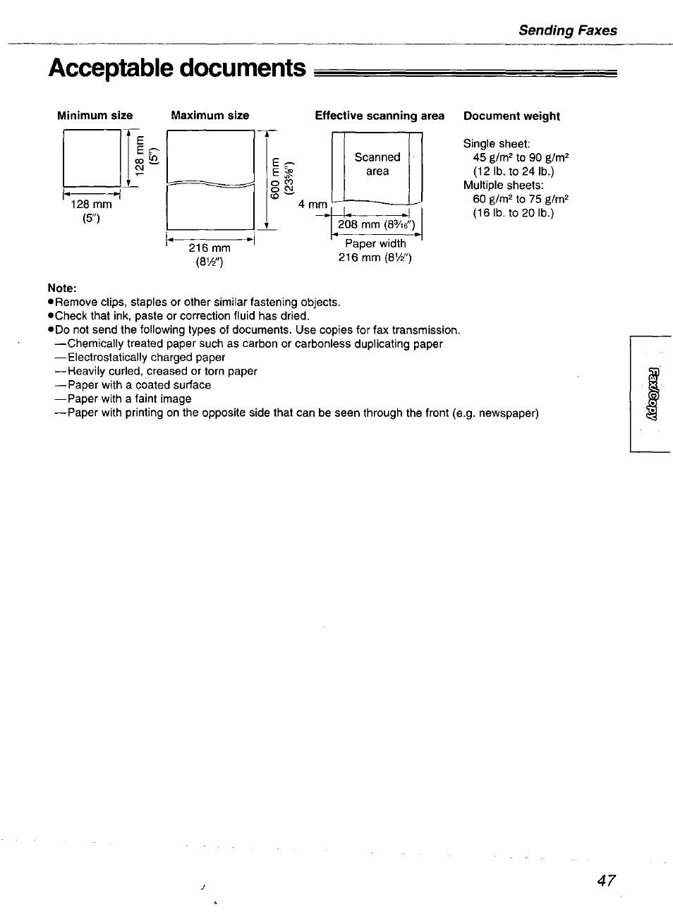 Acceptable documents, Effective scanning area document weight, Note | Panasonic kx-fmc230 User Manual | Page 47 / 128