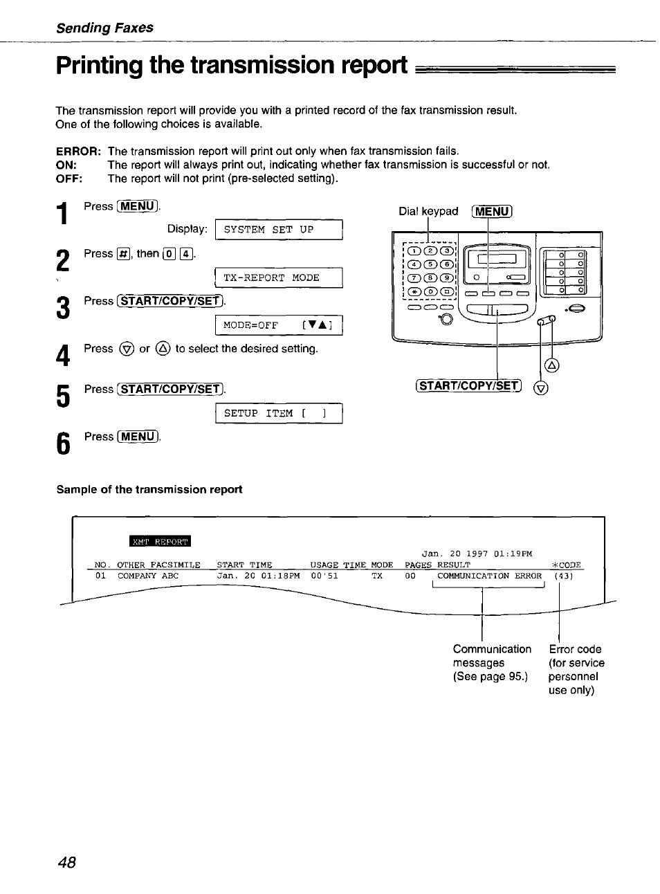 Printing the transmission report | Panasonic kx-fmc230 User Manual | Page 48 / 128