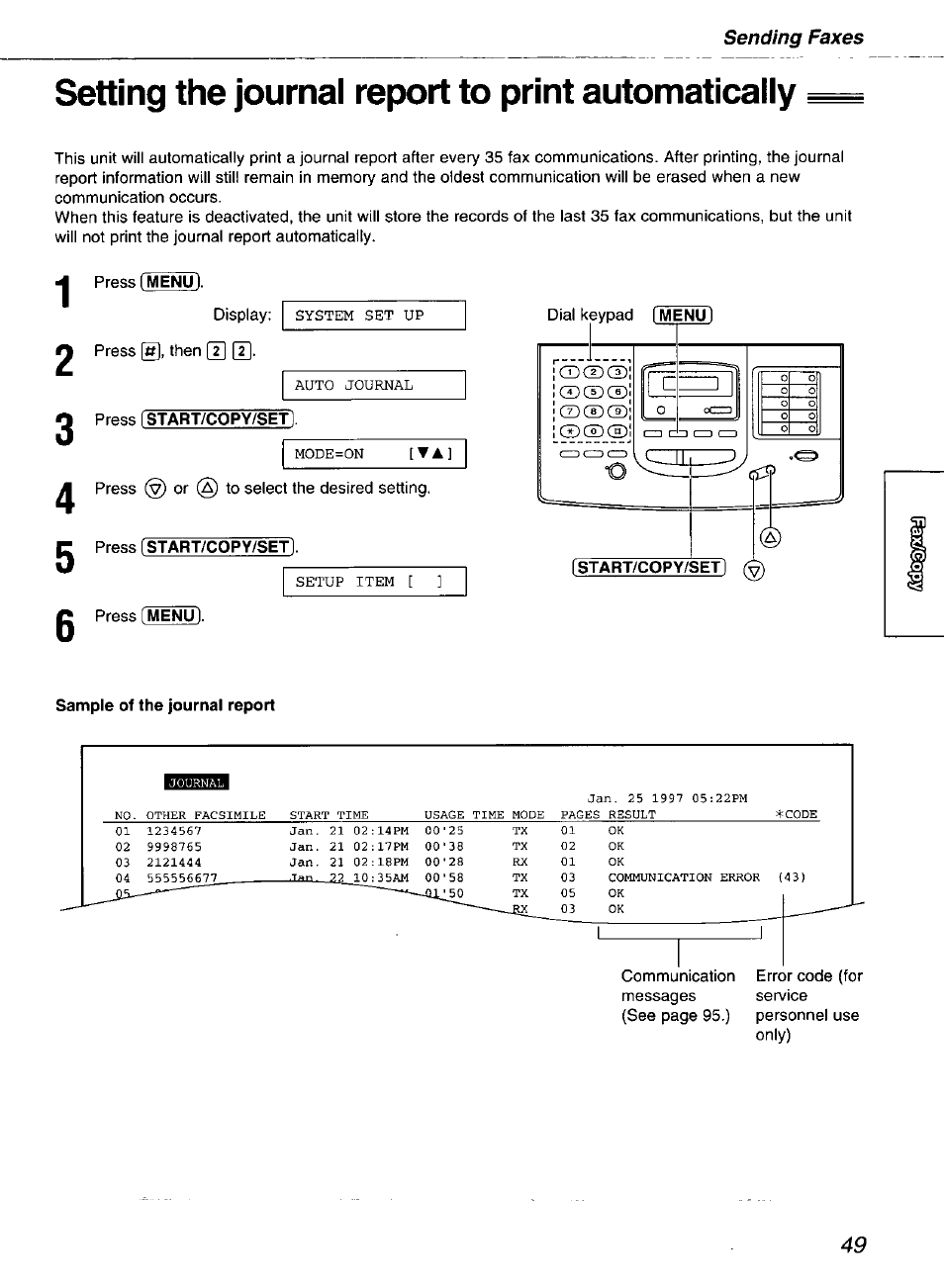 Setting the journal report to print automatically | Panasonic kx-fmc230 User Manual | Page 49 / 128