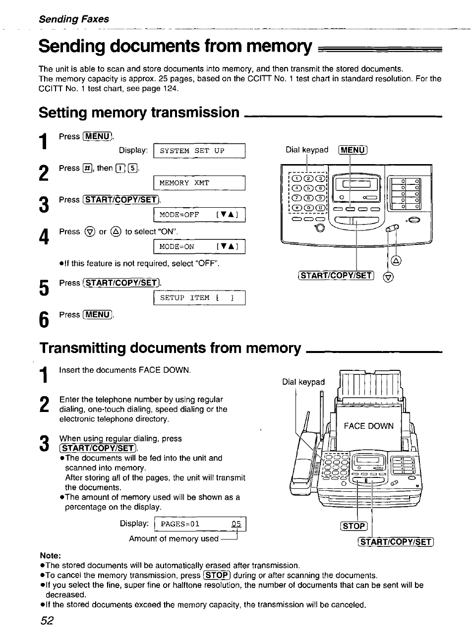 Sending documents from memory, Setting memory transmission 1 2, Transmitting documents from memory | Note | Panasonic kx-fmc230 User Manual | Page 52 / 128