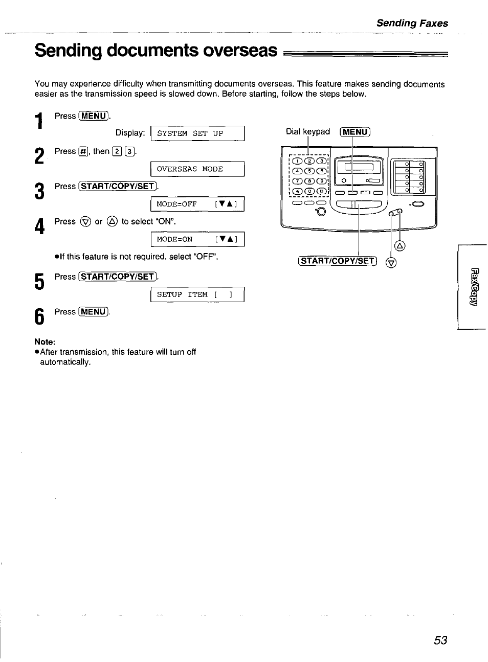 Sending documents overseas, Note, Start/copy/sin | Panasonic kx-fmc230 User Manual | Page 53 / 128