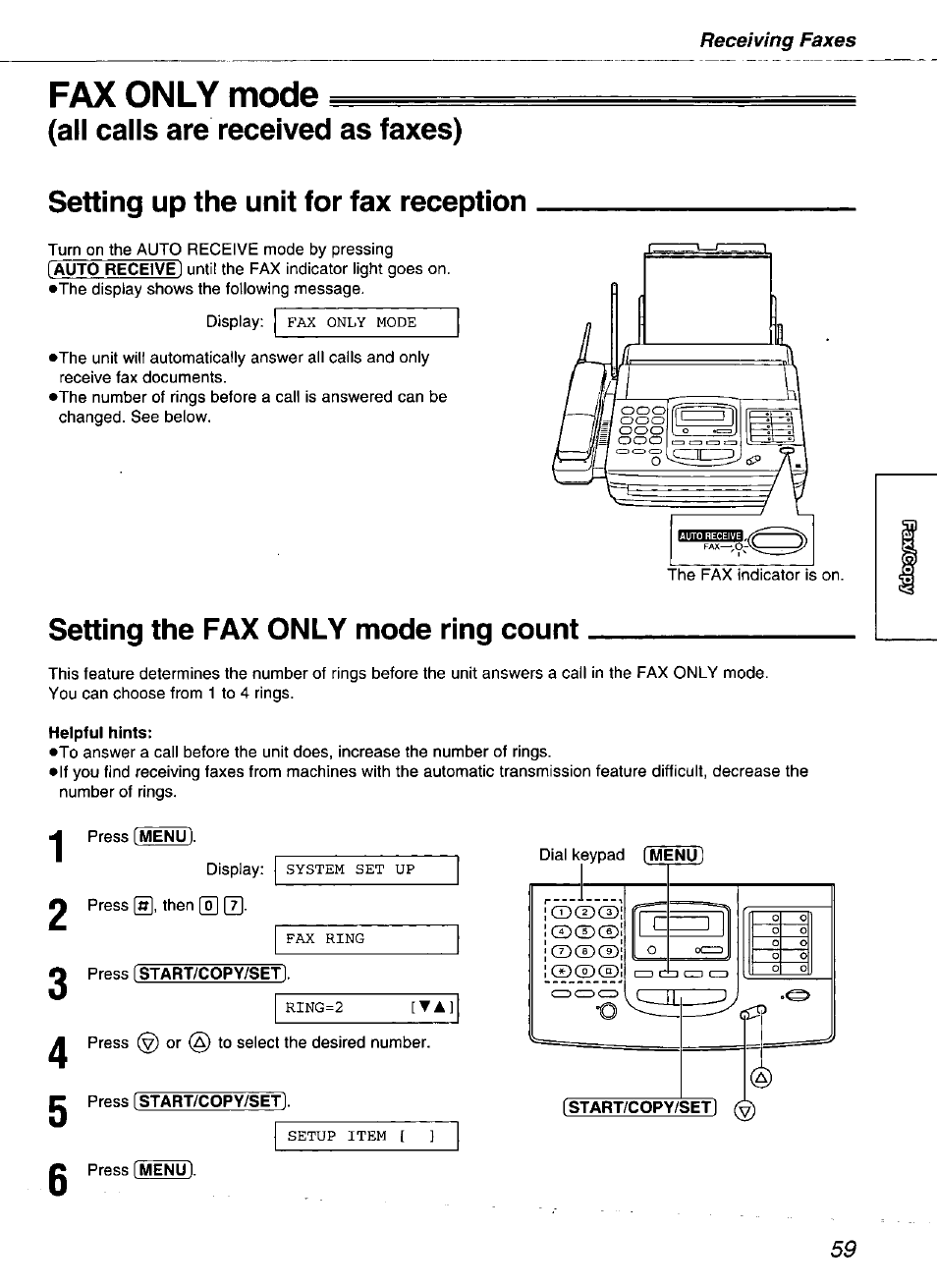 Fax only mode, All calls are received as faxes), Setting up the unit for fax reception | Setting the fax only mode ring count | Panasonic kx-fmc230 User Manual | Page 59 / 128