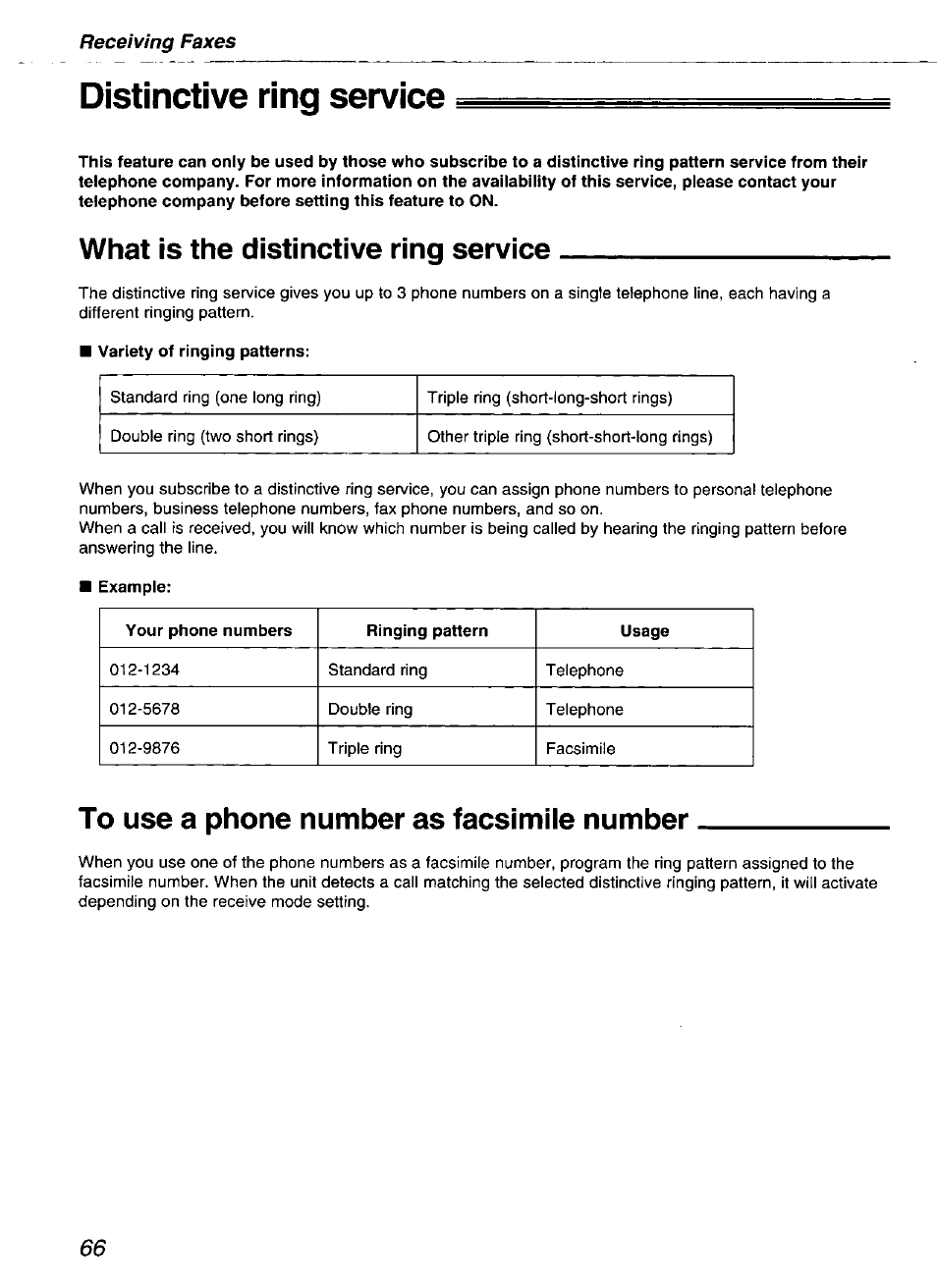 Distinctive ring service, What is the distinctive ring service, Variety of ringing patterns | Example, To use a phone number as facsimile number | Panasonic kx-fmc230 User Manual | Page 66 / 128