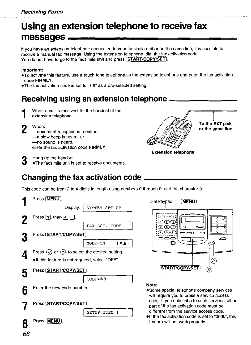 Important, Press (menu), Press (start/copy/set) | Press [start/copy/set, Press [menu, Note, Receiving using an extension telephone, Changing the fax activation code | Panasonic kx-fmc230 User Manual | Page 68 / 128