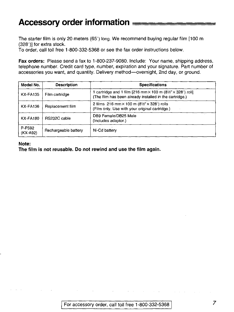 Accessory order information, Note | Panasonic kx-fmc230 User Manual | Page 7 / 128