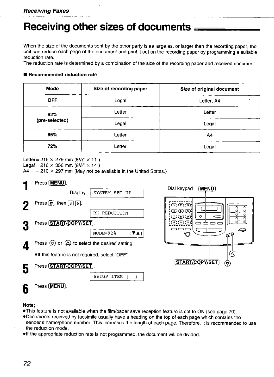 Receiving other sizes of documents, Press (start/copy/set), Note | Panasonic kx-fmc230 User Manual | Page 72 / 128