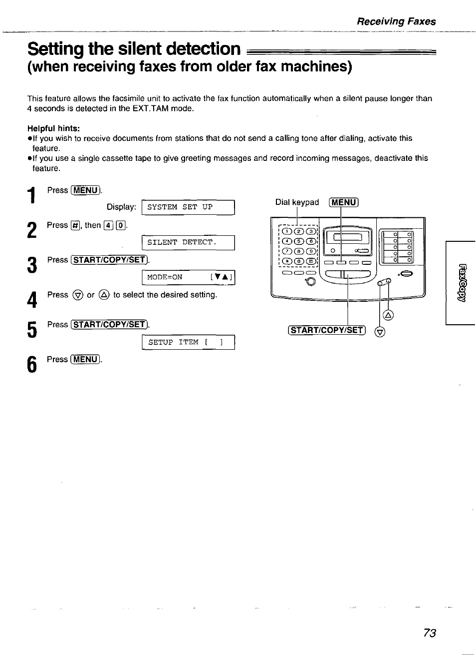 Setting the silent detection, When receiving faxes from oider fax machines) | Panasonic kx-fmc230 User Manual | Page 73 / 128