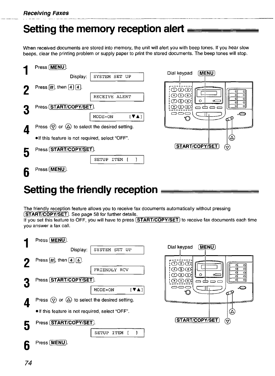 Setting the memory reception alert, Setting the friendly reception | Panasonic kx-fmc230 User Manual | Page 74 / 128