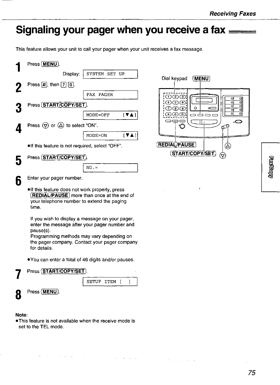 Signaling your pager when you receive a fax | Panasonic kx-fmc230 User Manual | Page 75 / 128