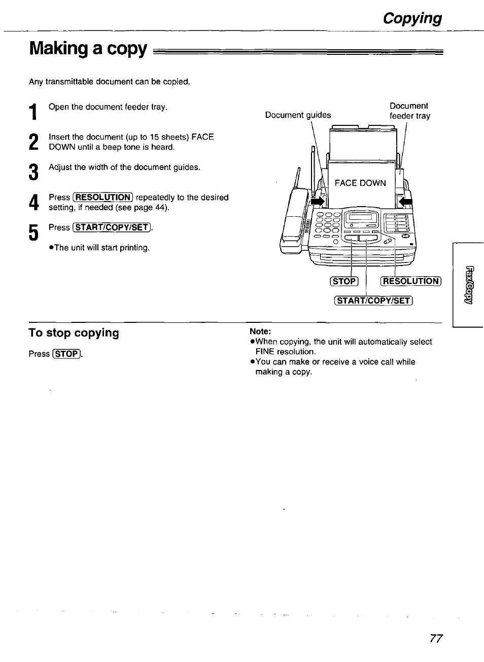 Making a copy, Copying | Panasonic kx-fmc230 User Manual | Page 77 / 128