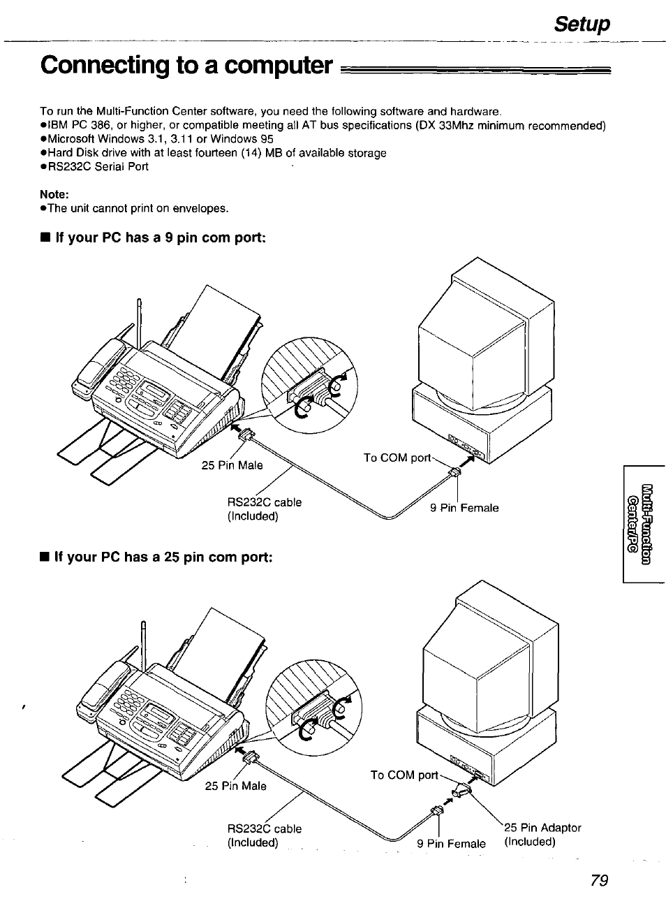 Connecting to a computer, Note, If your pc has a 9 pin com port | If your pc has a 25 pin com port, Setup | Panasonic kx-fmc230 User Manual | Page 79 / 128