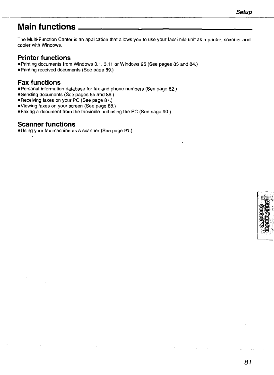 Main functions, Printer functions, Fax functions | Scanner functions | Panasonic kx-fmc230 User Manual | Page 81 / 128