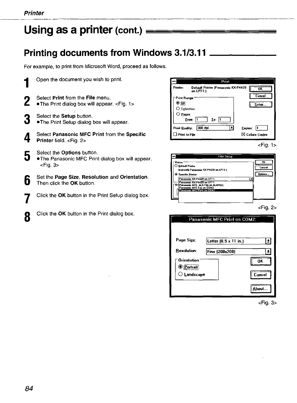 Using as a printer (cont.), Printing documents from windows 3.1/3.11, Using as a printer | Panasonic kx-fmc230 User Manual | Page 84 / 128