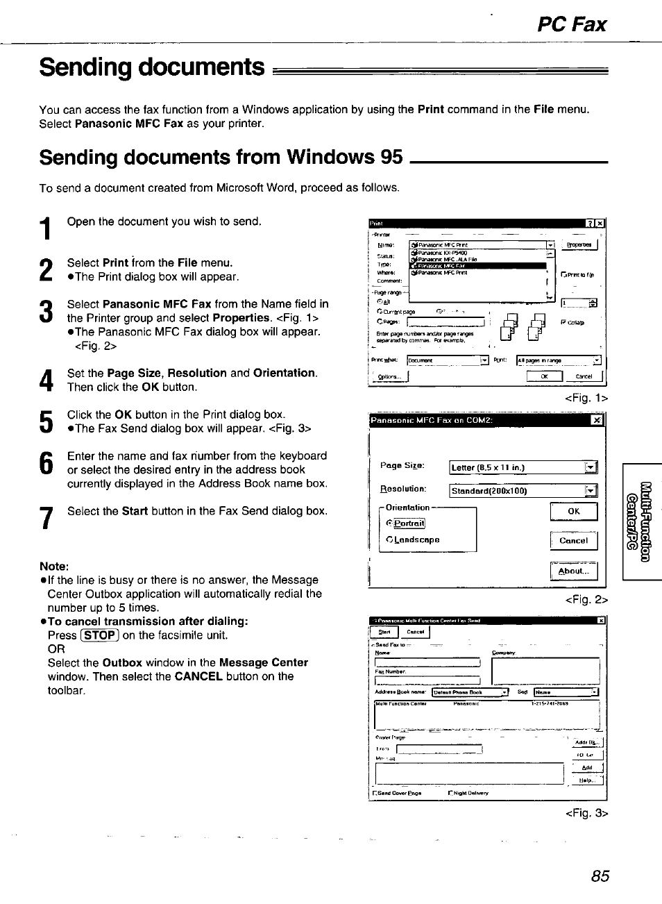 Sending documents, Sending documents from windows 95, Note | Pc fax | Panasonic kx-fmc230 User Manual | Page 85 / 128