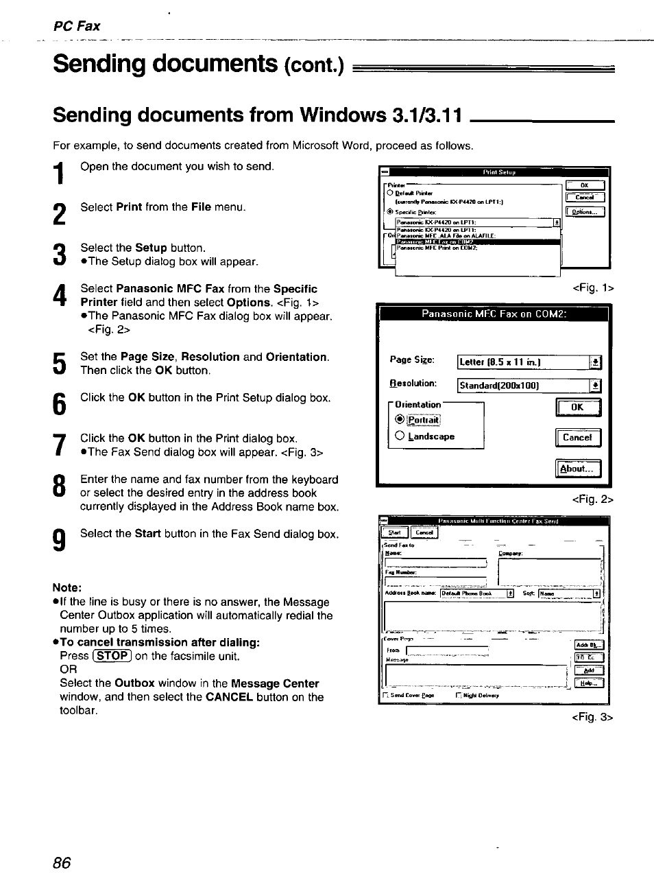 Sending documents (cont.), Sending documents from windows 3.1/3.11, Note | Sending documents | Panasonic kx-fmc230 User Manual | Page 86 / 128
