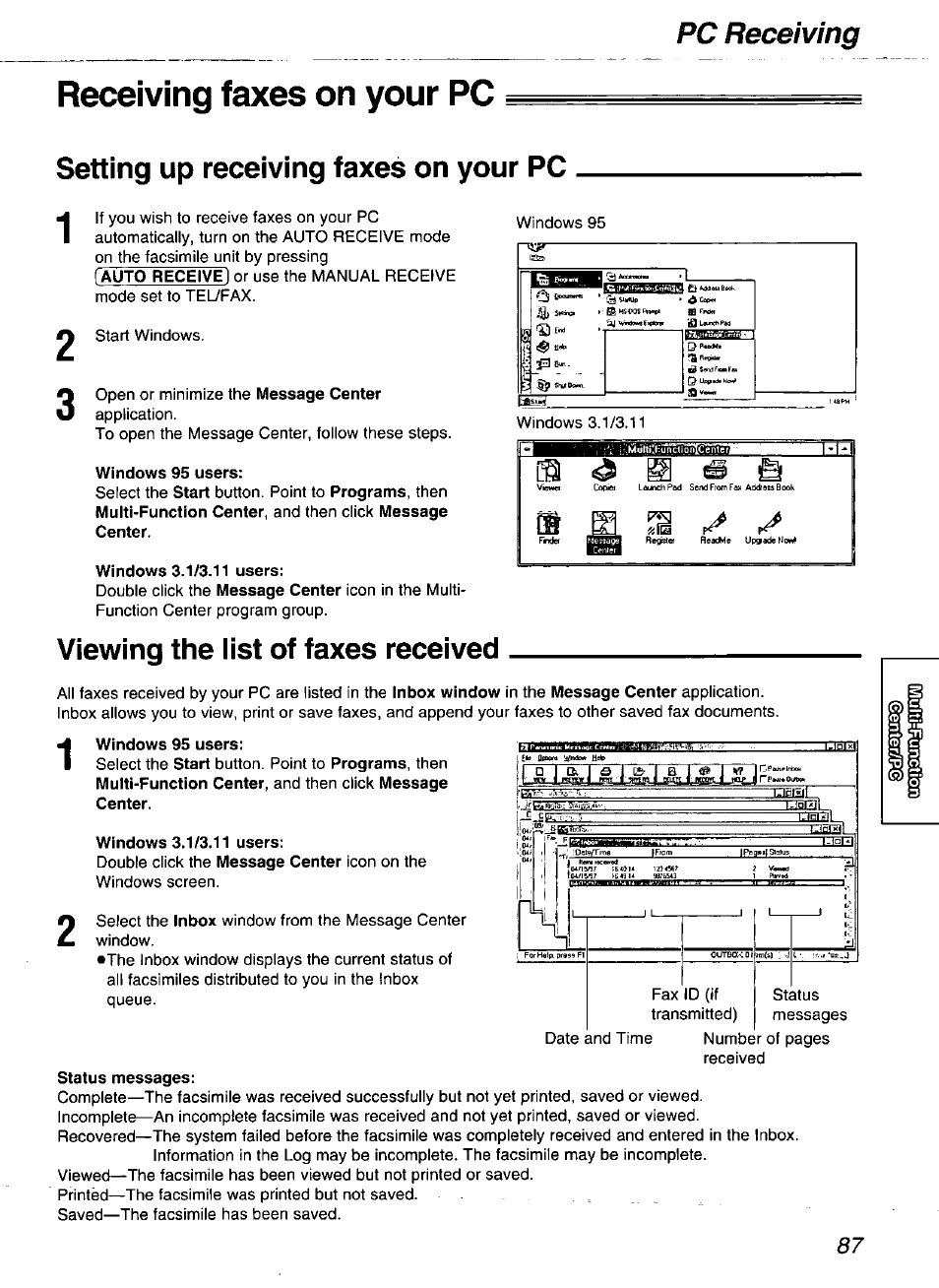 Receiving faxes on your pc, Setting up receiving faxes on your pc, Windows 3.1/3.11 users | Viewing the list of faxes received, Windows 95 users, Status messages, Pc receiving | Panasonic kx-fmc230 User Manual | Page 87 / 128