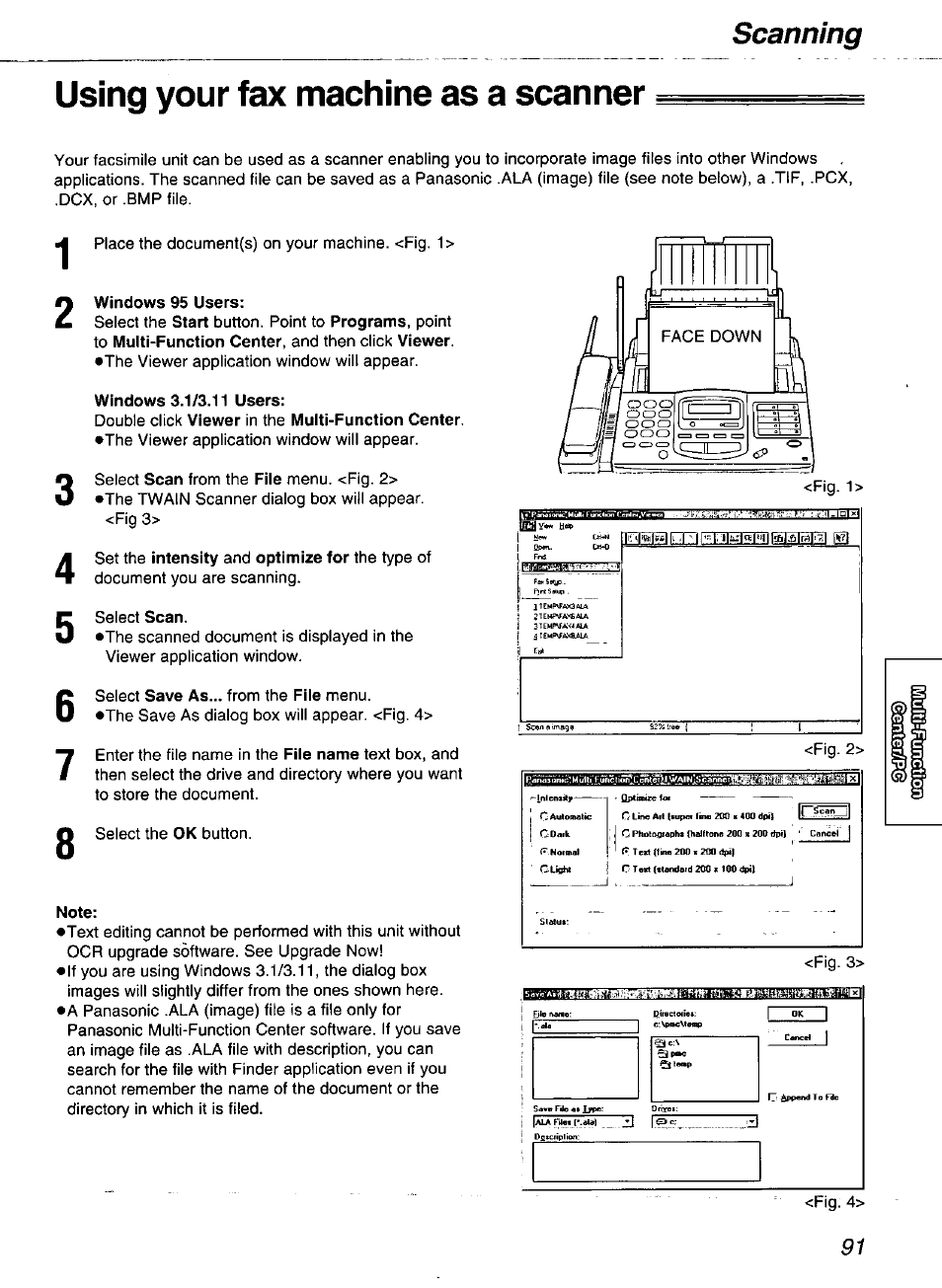 Using your fax machine as a scanner, Windows 95 users, Windows 3.1/3.11 users | Note, Scanning | Panasonic kx-fmc230 User Manual | Page 91 / 128