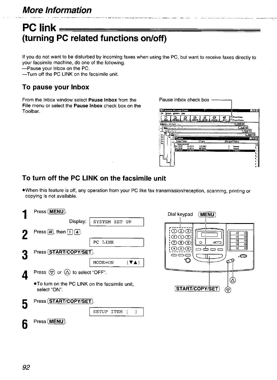 Pc link, Turning pc related functions on/off), To pause your inbox | To turn off the pc link on the facsimile unit, Press [start/copy/set, More information | Panasonic kx-fmc230 User Manual | Page 92 / 128