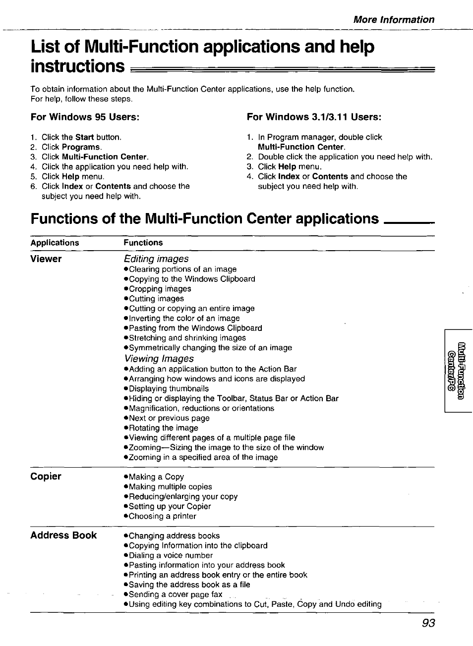 For windows 95 users, For windows 3.1/3.11 users, Viewer | Copier, Address book | Panasonic kx-fmc230 User Manual | Page 93 / 128