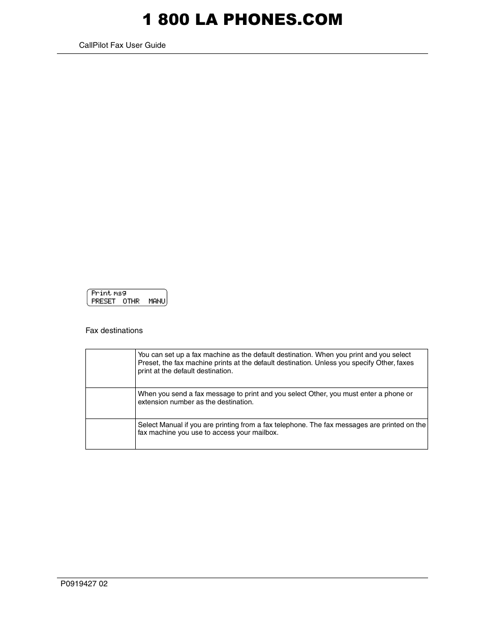 Printing fax messages, About destinations for printing fax messages | Panasonic CALLPILOT P0919427 02 User Manual | Page 10 / 26