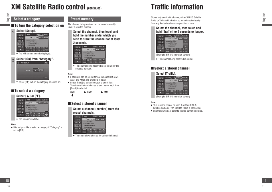 Xm satellite radio control, Traffi c information | Panasonic Strada CN-NVD905U User Manual | Page 10 / 20