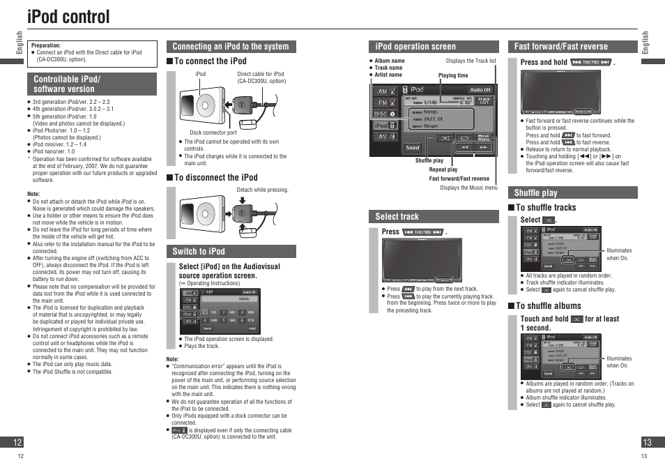 Ipod control, Controllable ipod/ software version, Switch to ipod | Ipod operation screen select track, Fast forward/fast reverse, Shuffl e play  to shuffl e tracks | Panasonic Strada CN-NVD905U User Manual | Page 12 / 20